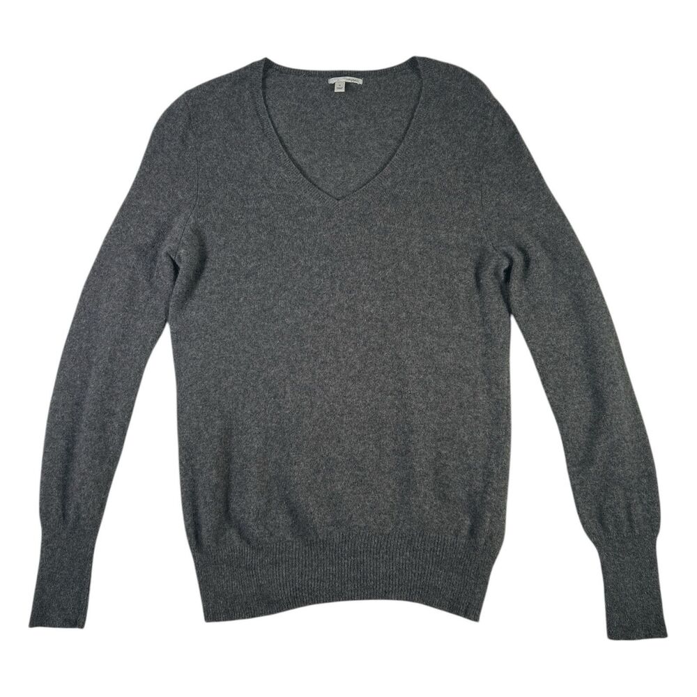 Halogen 100% Cashmere Fuzzy Sweater Women's Size Medium M Dark Gray Knit V-Neck